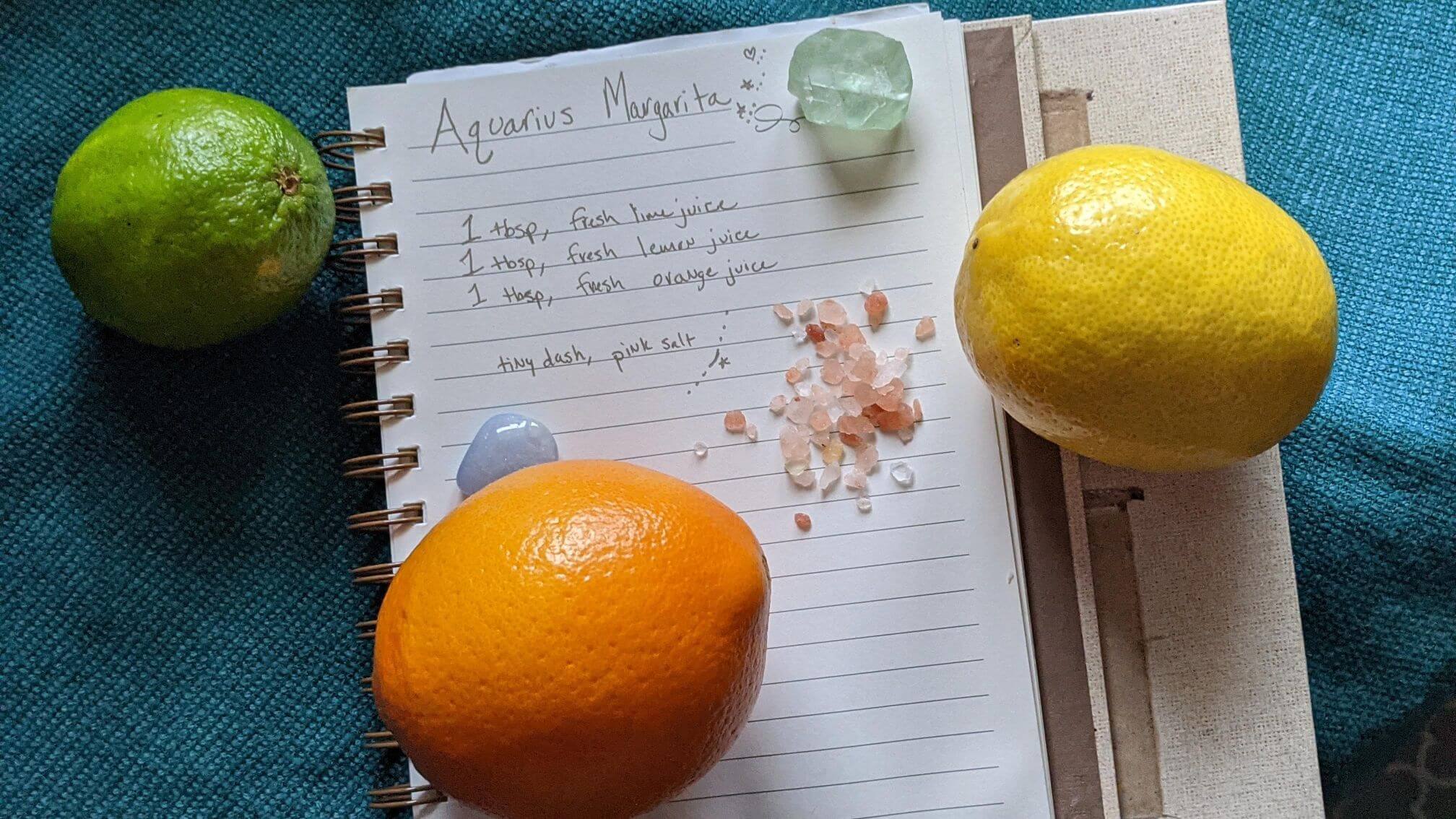 a handwritten recipe for Aquarius Margarita Kombucha