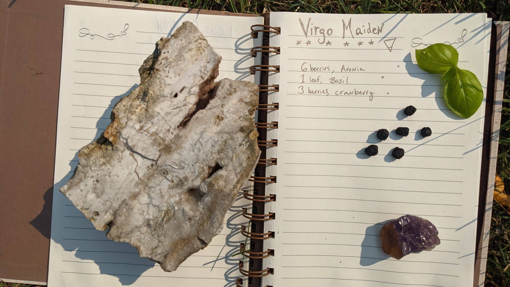 The handwritten recipe for The Virgo Maiden Kombucha is displayed in a notebook. A large natural stone sits nearby with a few fresh basil leaves and a scattering of dried Aronia berries.